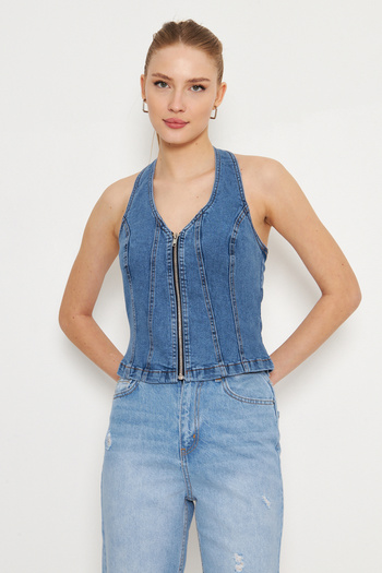 Trendyol Collection Bluză albastru deschis din denim cu fermoar - TWOSS25BZ00068