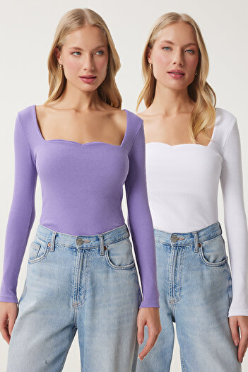 Happiness İstanbul Lila-weiße 2-teilige Strickbluse mit herzförmigem Ausschnitt für Damen GT00231