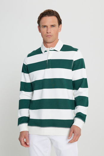 AC&Co / Altınyıldız Classics Men's Ecru Green Standard Fit Regular Cut Fleece Inside 3 Thread Polo Collar Cotton Sweatshirt