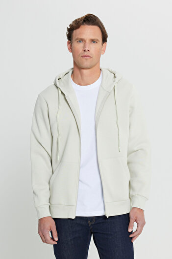 AC&Co / Altınyıldız Classics Erkek Bej Standart Fit Normal Kesim Içi Polarlı 3 Iplik Kapüşonlu Fermuarlı Sweatshirt Ceket