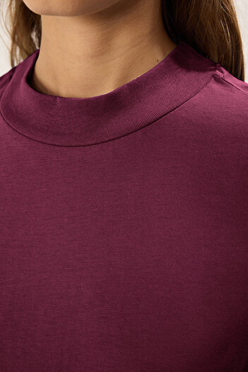 Trendyol Collection Cherry Rot 100% Thick Cotton Stand Collar Three Quarter Sleeve Knitted T-Shirt Twoss24Ts00074