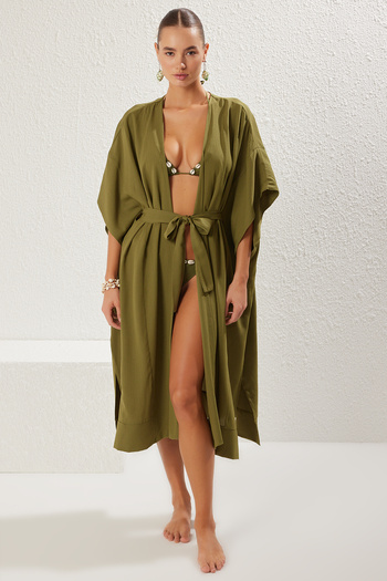 Trendyol Collection Khaki*003 Straight Long Viscous Kimono and Kaftan - 61% Polyester
