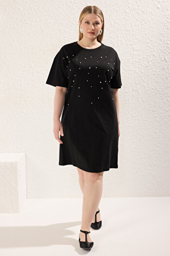 Trendyol Curve Black Crew Neck Rhinestone Plus Size Knitted Dress Tbbss25Ah00057