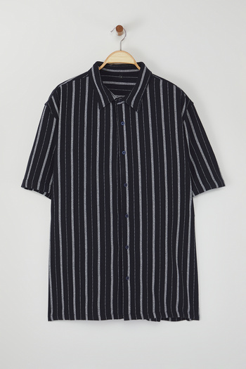 Trendyol Collection Black Oversize Fit Short Sleeve Striped Etamine Summer Shirt Tmnss25Ax00003