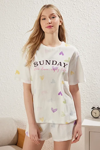 Trendyol Collection White Cotton Shorts Sleepwear Set with Heart - Slogan, Thmss25Pt00168