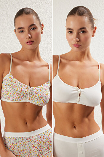 Trendyol Collection Többszínű 2 csomagos pamut virágos, alátétek nélküli, kupak nélküli pántos bralette kötött melltartó THMSS25SU00028