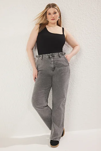 Trendyol Curve Graue Jeans mit hoher Taille und verstellbarer Taille, bequem, gerade Passform, große Größe TBBSS25CJ00010