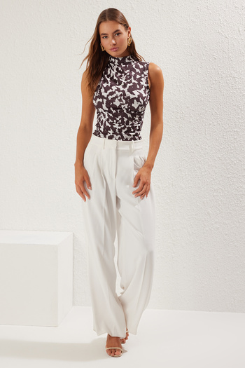 Trendyol Collection Multi-Color Printed Zero Sleeve Shirred Body-Fitting Stretchy Knitted Blouse Twoss24Bz00486