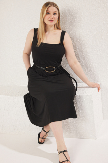 Trendyol Curve Black Square Neck A-Line Knitted Plus Size Dress Tbbss25Ah00063