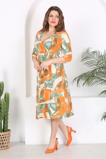 Mooi XXL Πορτοκαλί Πράσινο Φόρεμα Stretch Waist Plus Size - Γεωμετρικό σχέδιο και λαιμόκοψη με διπλό στήθος