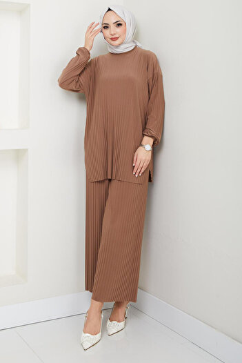 Bold Grup Women's Sandy Full Pleated Loose Tunic Pants Hijab Double Set