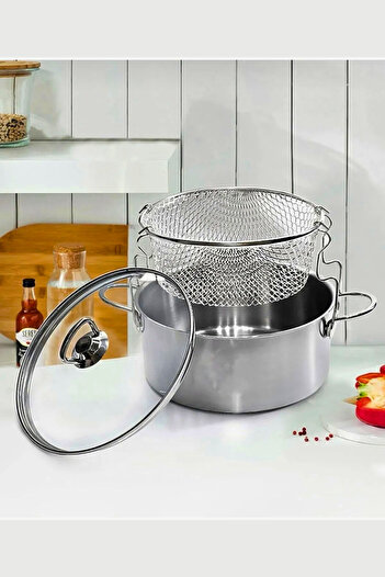 ENASHOP 3-Piece Steel Frying Pot with Glass Lid 20 cm