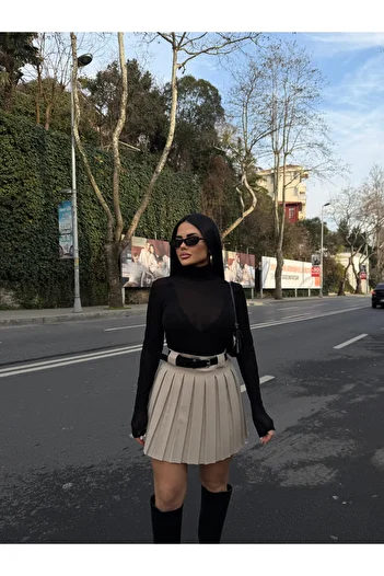 LB Laluna Butik Fusta de damă bej cu talie înaltă plisată cu curea