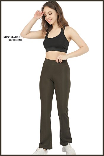 missmaral Women's Leggings Khaki Color High Waist Wide Leg Elastic Belt Full Length Diving Fabric105101