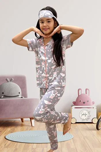EQRU Girl's Shirt Collar Buttoned Rabbit Print Short Sleeve Pajamas Set