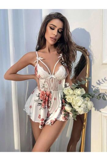 STARRY NIGHT Cămașă de noapte sexy cu imprimeu floral alb romantic