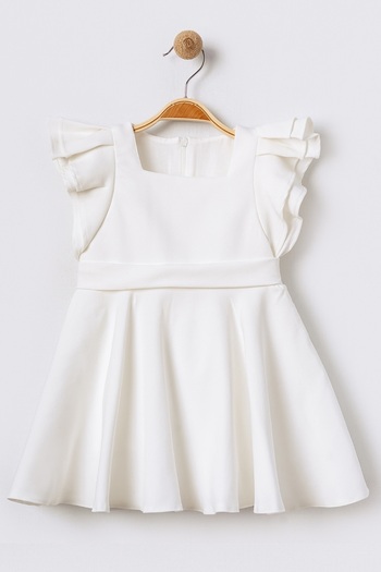 Bebüş Ecru Girl's Dress - Crepe Fabric, Flounced Sleeves, Lined, Pleated Flared, Square Neck 15699