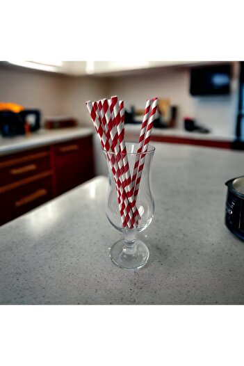 Krm Ambalaj 6*20 cm Red and White Striped Paper Straws, 25 Pieces