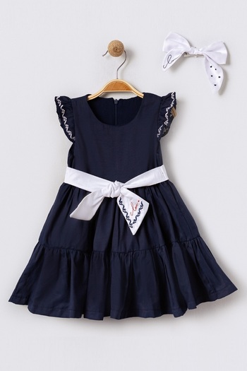 Bebüş Girls' Dress with Dark Blue Embroidery Detail - Pleated Flared Cutout, Buckle Gift 15613