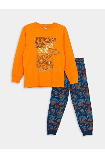 LC Waikiki LCW Kids Orange Crew Neck εμπριμέ μακρυμάνικο σετ πιτζάμες για αγόρι