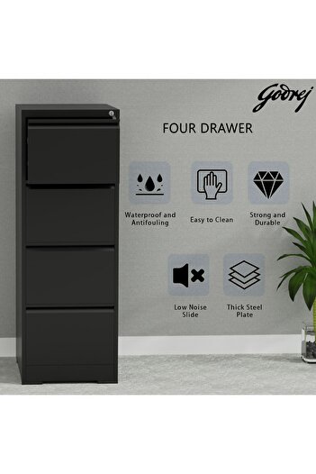 Mahmayi Godrej 4 Drawer Steel Filing Cabinet with Secure Lock Steel Black Powder-Coated Finish