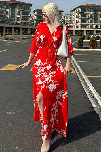 Madmext Red Print Slit Detail Long Dress Mg2324