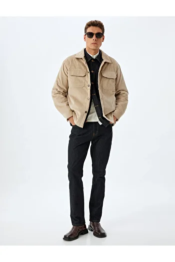 Koton Cotton Slim Fit Jacket - Corduroy with Shirt Collar and Cap Pocket Detail