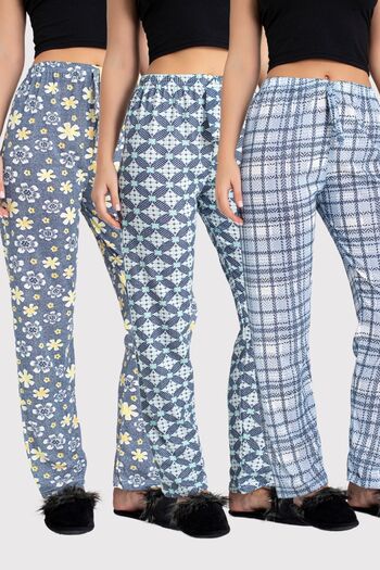 DONEX 3-Pack Cotton Thin Breathable Fabric Ribbon Waist Detail Printed Women's Sleepwear Bottom Pack Without Pockets