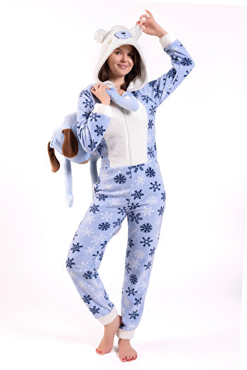Ecrou Women's Blue Snow Pattern Fleece Jumpsuit
