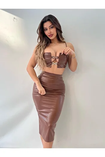 pink life Taba Color Pu Leather Chain Detailed Skirt Two Pieces (Two Pieces)
