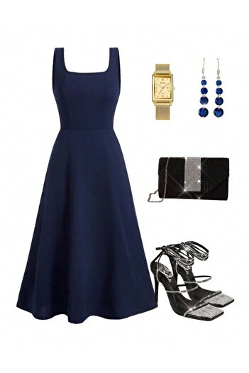 Styling Park Askılı Kare Yaka Midi Boy Elbise