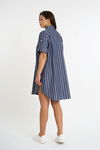 HANIQA Striped Short Sleeve Long Shirt |   Navy Blue