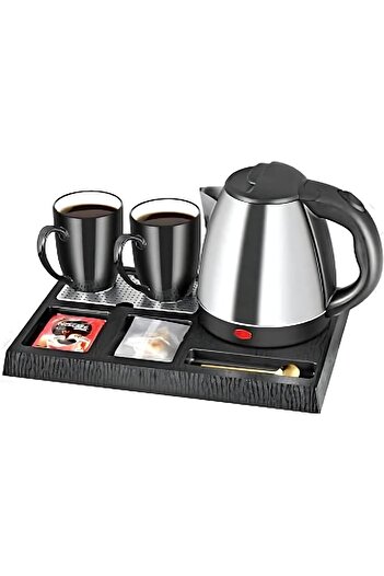 Generic Stainless Steel Electric Water Kettle Set 1.2L with 2 Cups for Tea and Coffee and Serving Tray