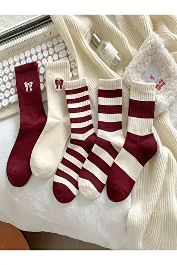 Sky Socks Pachet de 5 șosete de tenis unisex cu dungi alb-visiniu, cu model de panglică