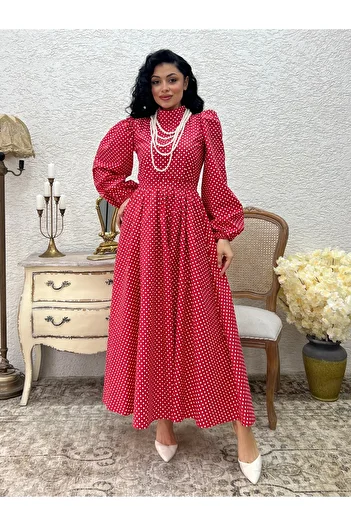 KÜÇÜĞÜM BUTİK Hijab Red Polka Dot Long Flared Dress