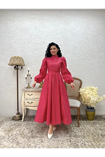 KÜÇÜĞÜM BUTİK Hijab Red Polka Dot Long Flared Dress