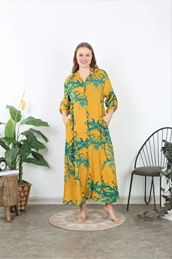 Şans Women's Plus Size Saffron Front Length Button up Shirt Collar Long Dress 65N37875