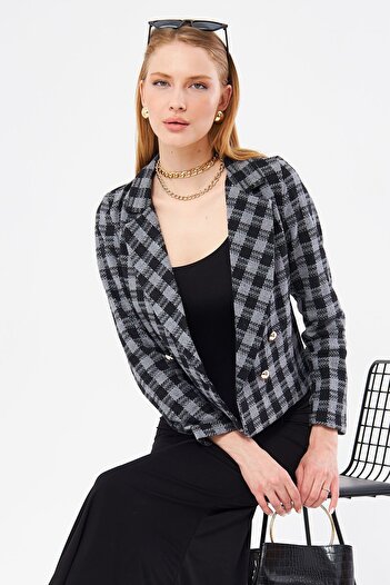 armonika Women's Smoked Double Breasted Collar Tweed Crop Jacket ARM-24K001014