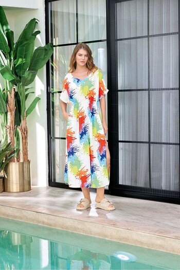 Aydoğan Lodos Store Aydoğan Women's V-Neck Short Sleeve Print Guipes Long Dress Multicolor