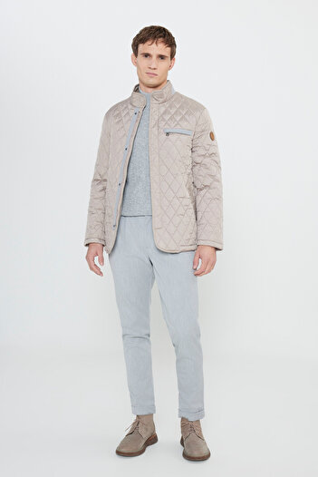 ALTINYILDIZ CLASSICS Men's Beige Standard Fit Regular Cut Stand Collar Patterned Overcoat