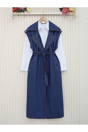 Modamorfo Stone Detailed Belted Indigo Denim Vest