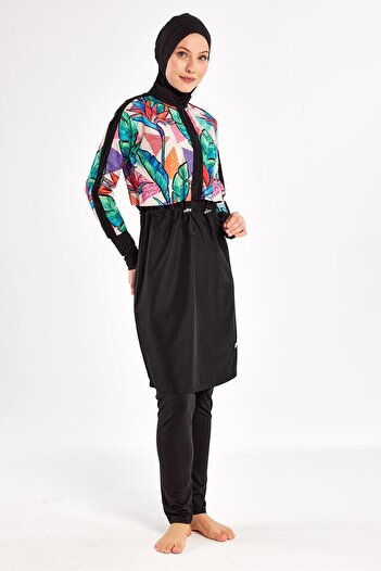 Adasea Sherry Long Sleeve Full Covered Hijab Swimsuit 1411-25 - Black