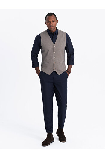 OMBRE Jacquard Casual Herrenweste ohne Revers - braun V1 OM-BLZV-0111 XL