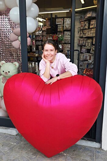 PEKSHOP Dev Kırmızı Kalp Balon 150 cm 60 inç Mat Kırmızı Kalp Folyo Balon