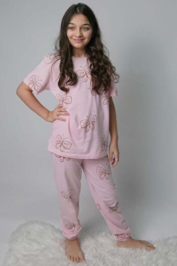 Riccotarz Girl's Butterfly Print T-Shirt Pink Pajama Set 8-14 Years