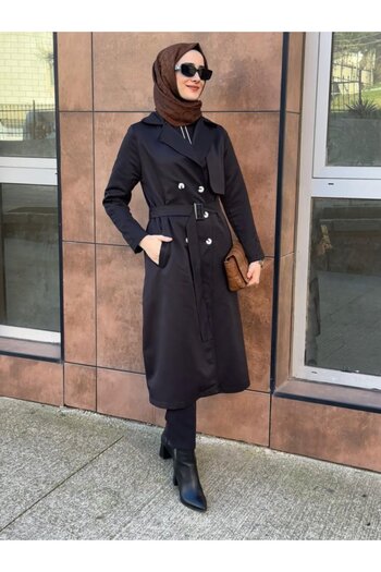 fh fashionhere Women's Long Sleeve Lapel Front Button Waist Belt Midi Gabardine Trench Coat