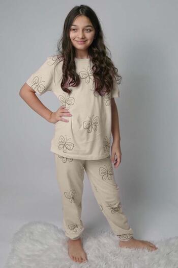 Riccotarz Girl's Butterfly Print T-Shirt Cream Pajama Set 8-14 Years