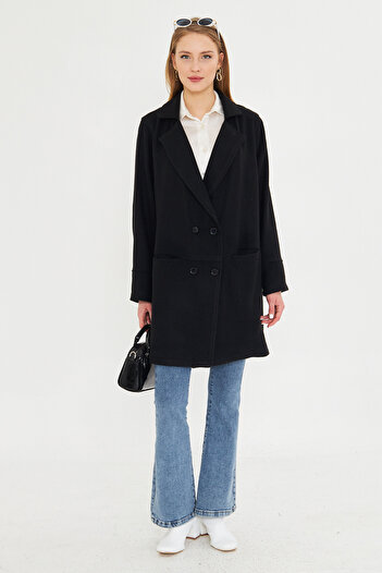 armonika Women's Black Double Breasted Lapel Buttoned Pocket Stamp Coat Arm-25K 001100