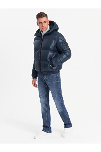 OMBRE Ζεστό ανδρικό puffer jacket με βελονιές - navy blue V2 OM-JAHP-0207 XXL
