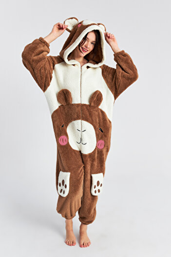 Ecrou Women's Coffee Front Eared Teddy Bear Zippered Welsoft Jumpsuit